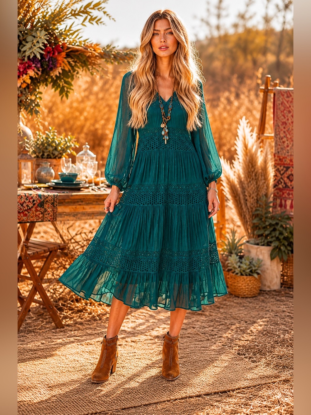 Sundance Adore Moi Pacific Green Tiered Boho Midi Dress Small